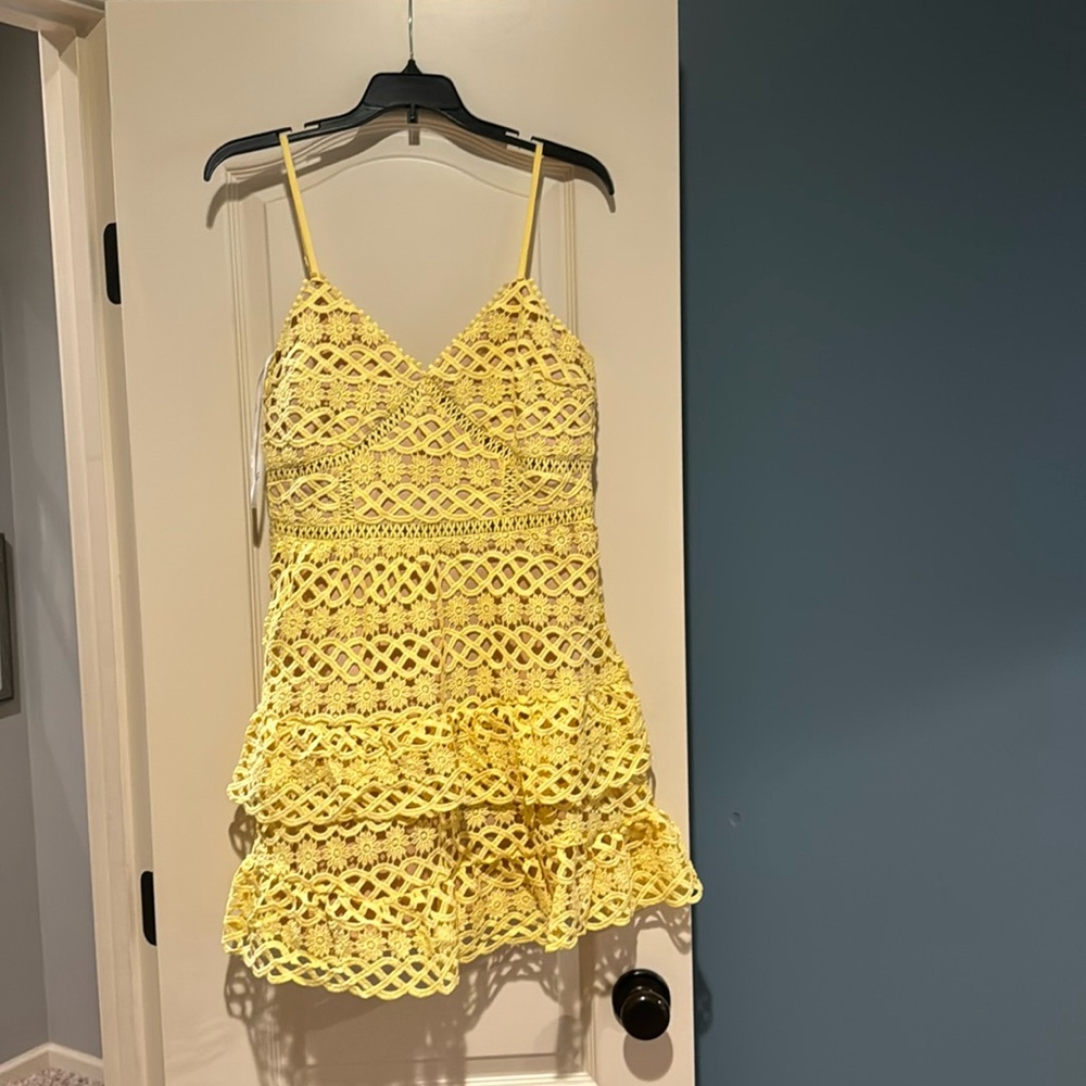 Yellow lace detailed mini dress